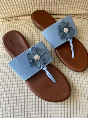 Light Blue Floral Slide Sandals with Rhinestone Accent